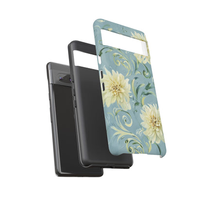 Golden Dahlia Trio - Elegant Floral Google Pixel Tough Phone Case - Artistic White & Blue Dahlia Design