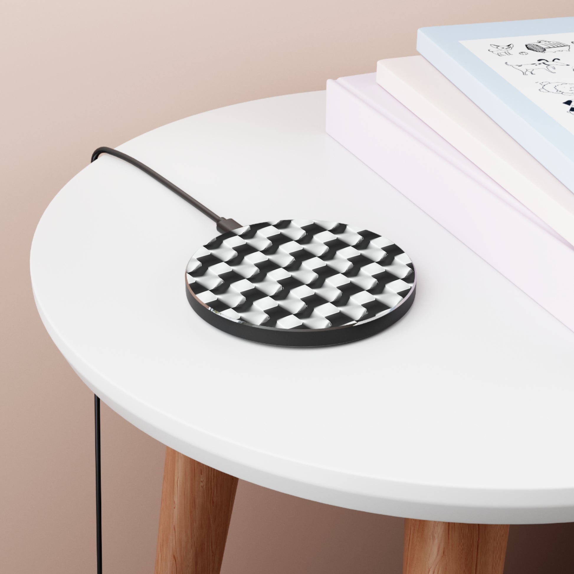 Monochrome Grid Qi Wireless Charger - 10W Fast Charging Pad for iPhone 15/16 - MagSafe Compatible Black and White Design