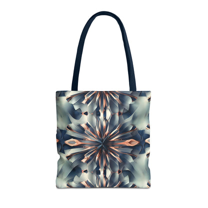 Obsidian Kaleidoscope canvas tote bag featuring dramatic black and silver kaleidoscope pattern with navy handles