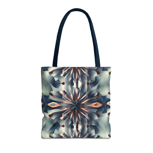 Obsidian Kaleidoscope canvas tote bag featuring dramatic black and silver kaleidoscope pattern with navy handles