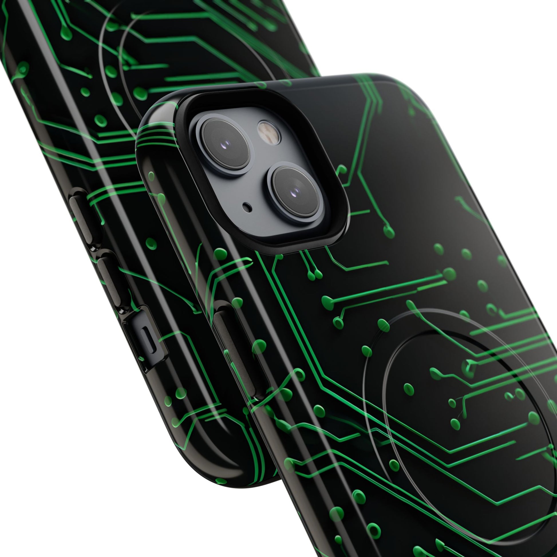 Green Circuit Grid iPhone 14 Plus MagSafe Compatible case- Tech-Inspired Shockproof Cover