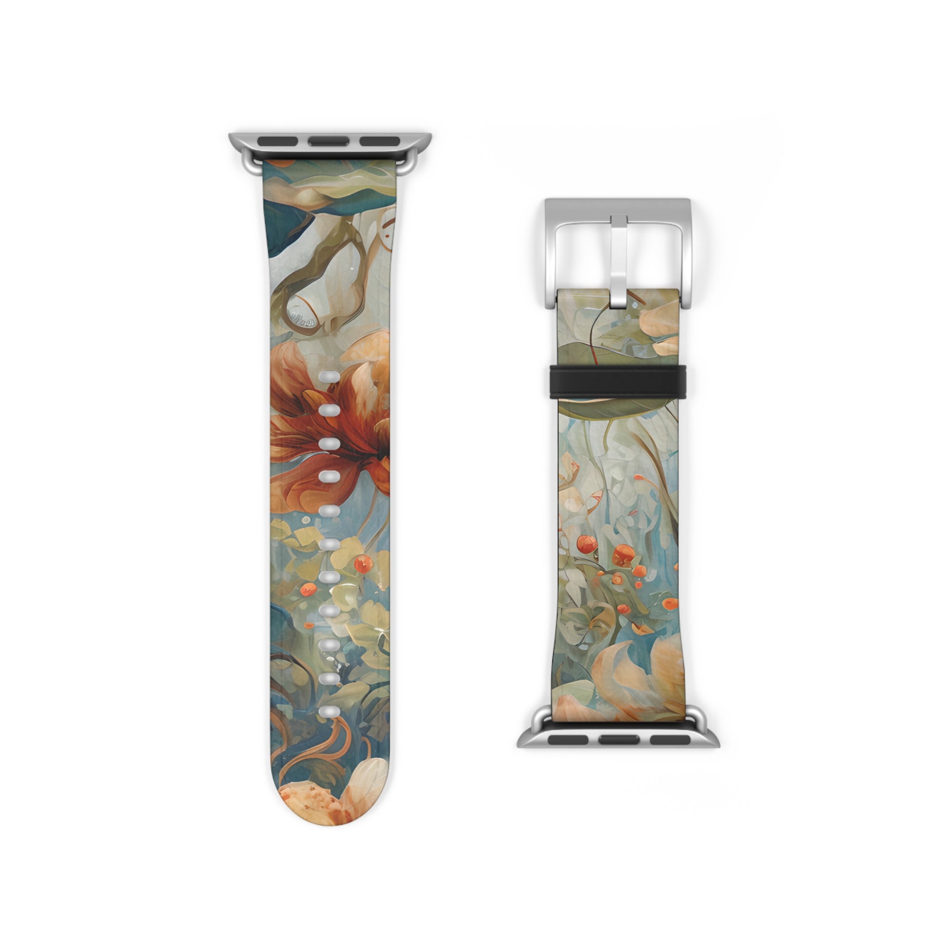 Waterlily Dreamscape Apple Watch band showing full strap design with abstract water lily artwork in teal, amber, and soft blue with silver clasp