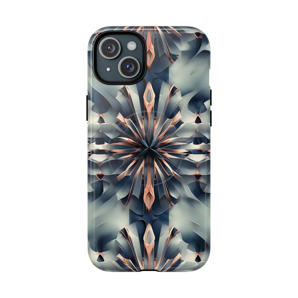 Obsidian Kaleidoscope Artistic Floral Burst - iPhone 15 Plus MagSafe Phone Case -Blue, Peach and Silver Symmetrical Design