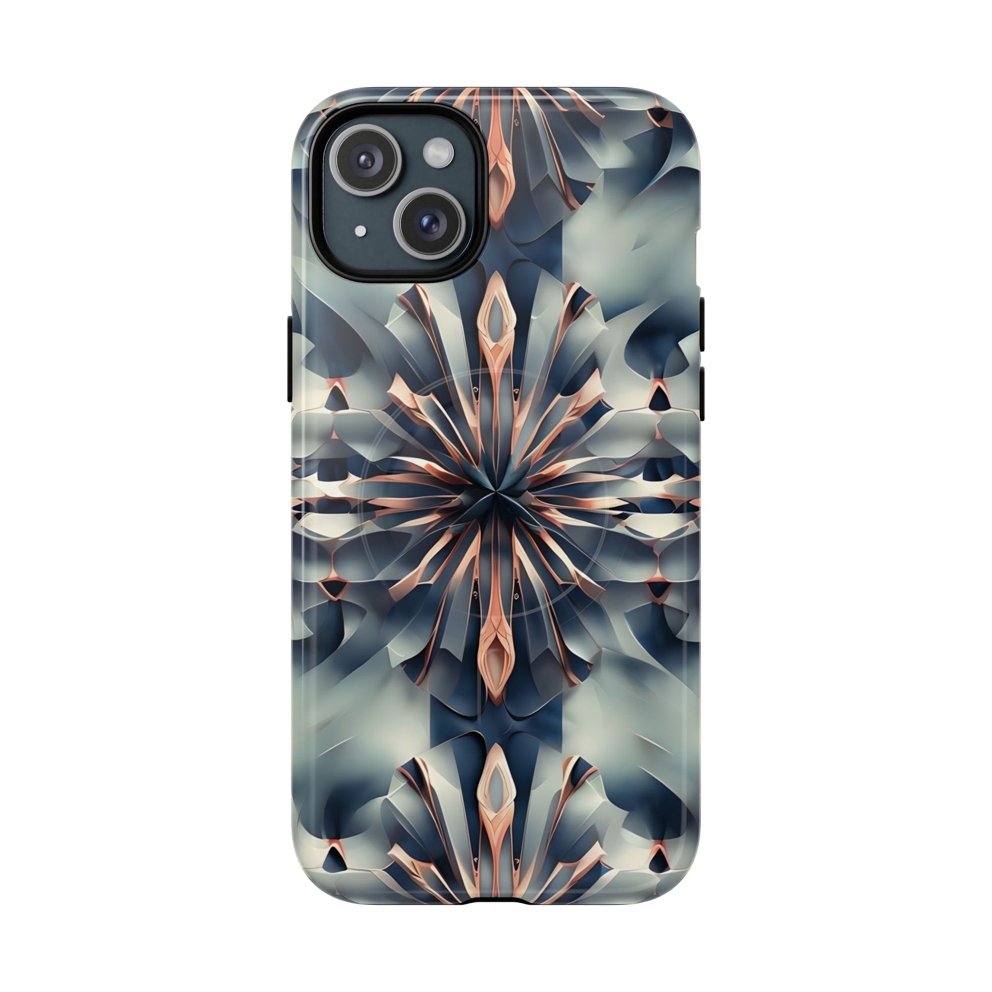 Obsidian Kaleidoscope Artistic Floral Burst - iPhone 15 Plus MagSafe Phone Case -Blue, Peach and Silver Symmetrical Design