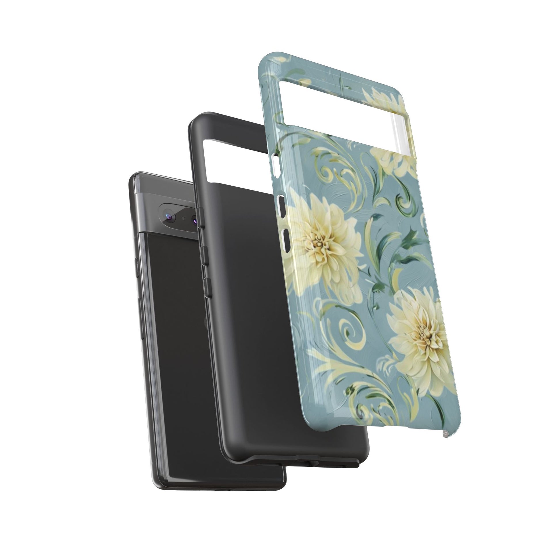 Golden Dahlia Trio - Elegant Floral Google Pixel 7 Tough Phone Case - Artistic White & Blue Dahlia Design