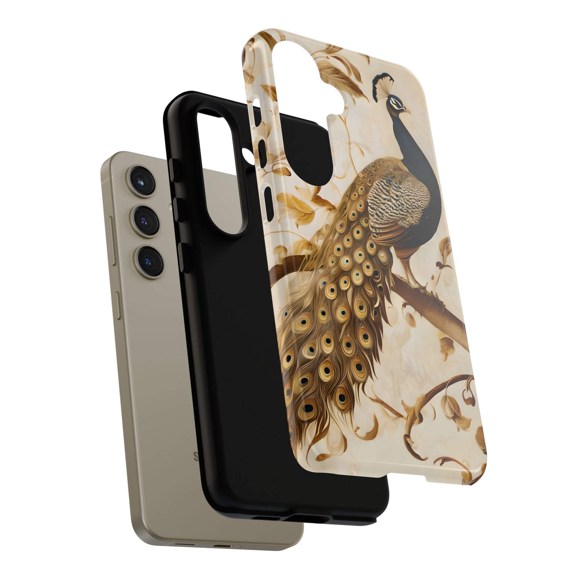 Golden Plumage - Luxe Peacock Art Samsung Galaxy S24 Phone Case - Elegant Gold & Cream Design