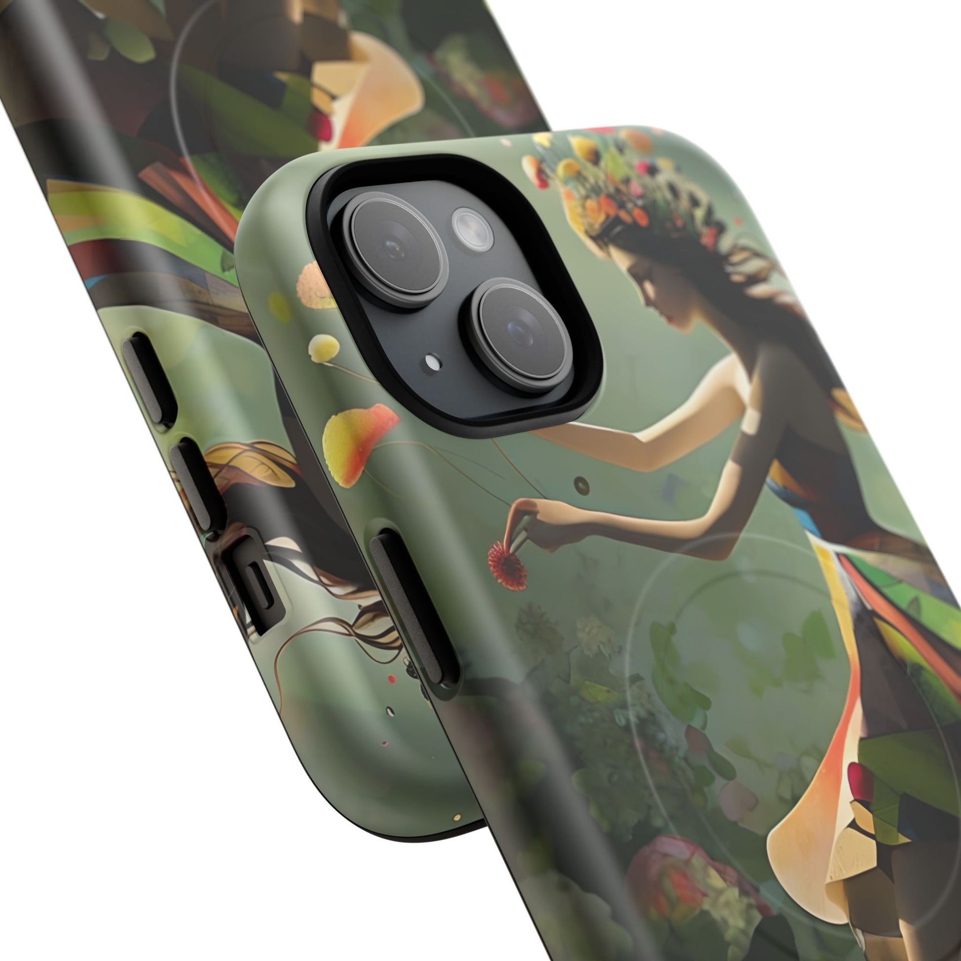 Dancing Wildflower Muse iPhone 15 Plus - Artistic Floral Fantasy Cover - MagSafe Compatible - Whimsical Nature-Inspired Protective Accessory