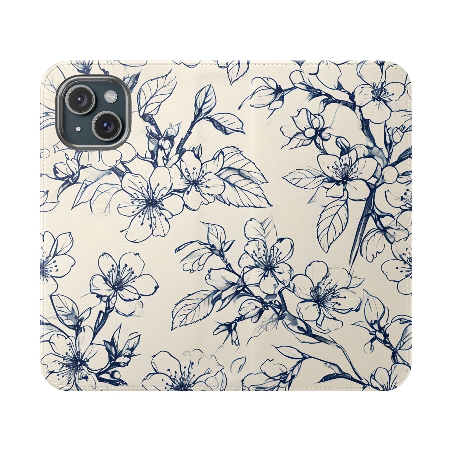 Blossom Sketch navy floral iPhone wallet flip phone case with botanical line art