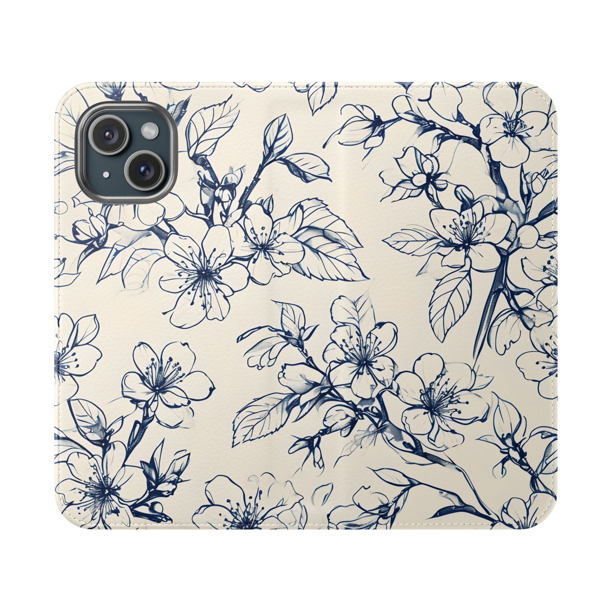 Blossom Sketch navy floral iPhone wallet flip phone case with botanical line art