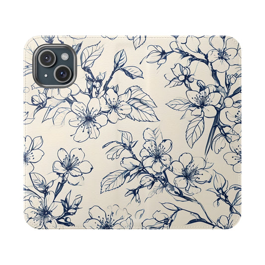 Blossom Sketch navy floral iPhone wallet flip phone case with botanical line art