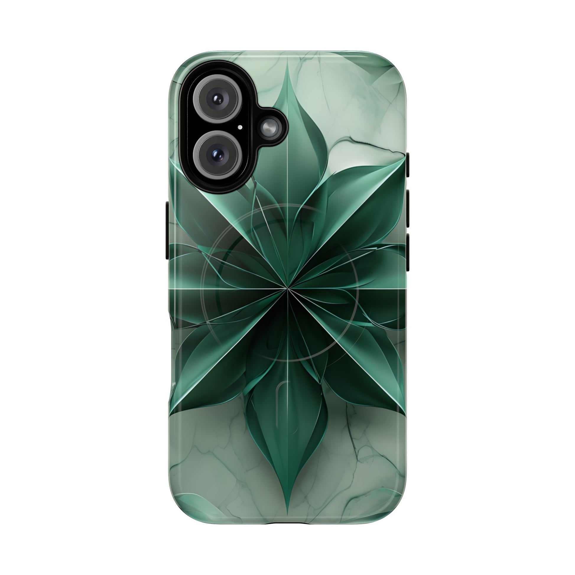 Emerald Bloom iPhone 16 MagSafe Phone Case -Modern Symmetrical Floral Design, Green