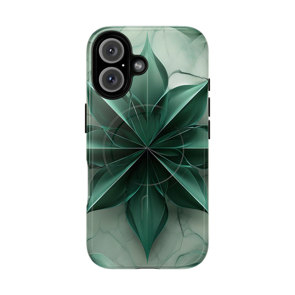 Emerald Bloom iPhone 16 MagSafe Phone Case -Modern Symmetrical Floral Design, Green
