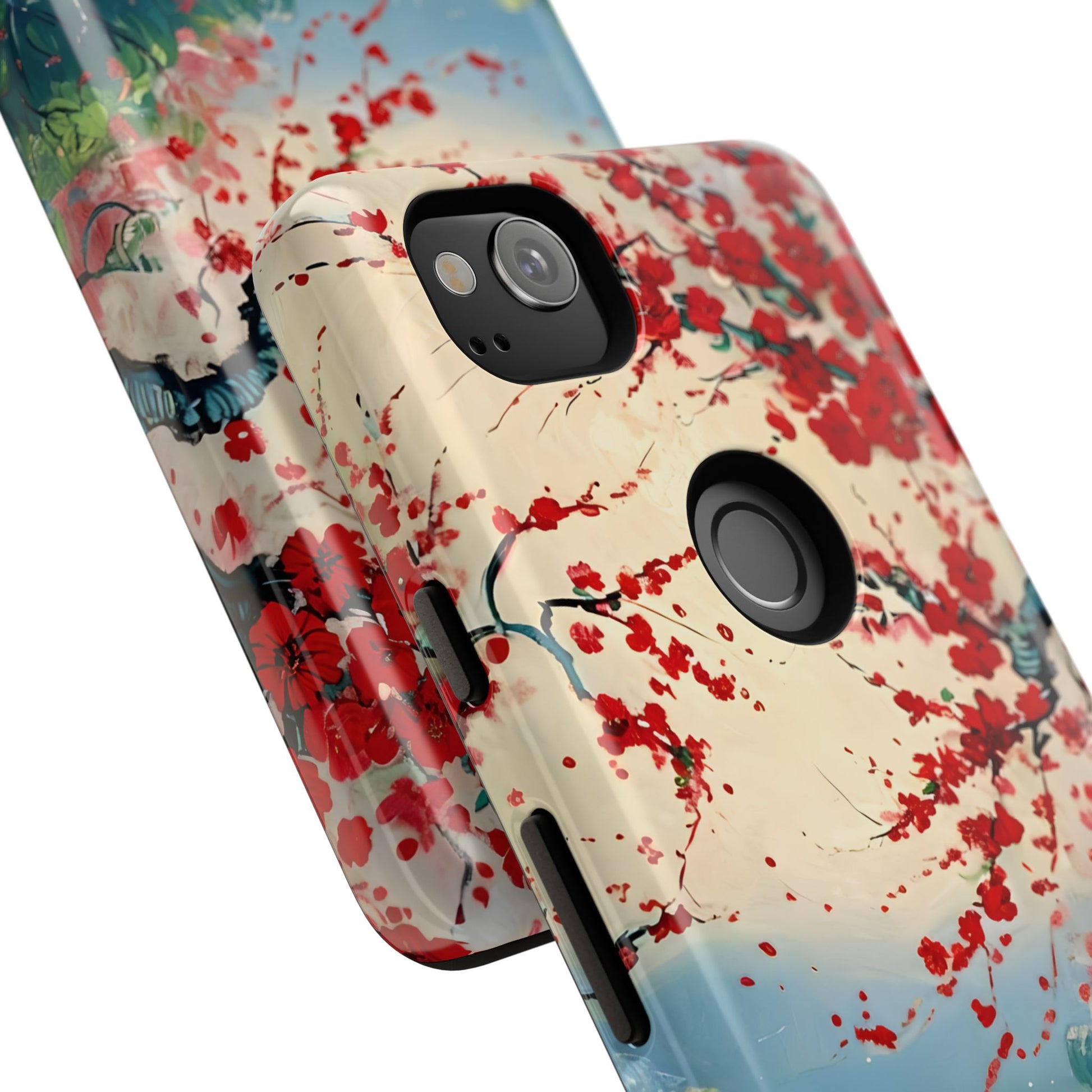 Crimson Blossom Lake - Artistic Floral Landscape Google Pixel 2 Tough Phone Case - Red Cherry Blossoms & Serene Lake Design