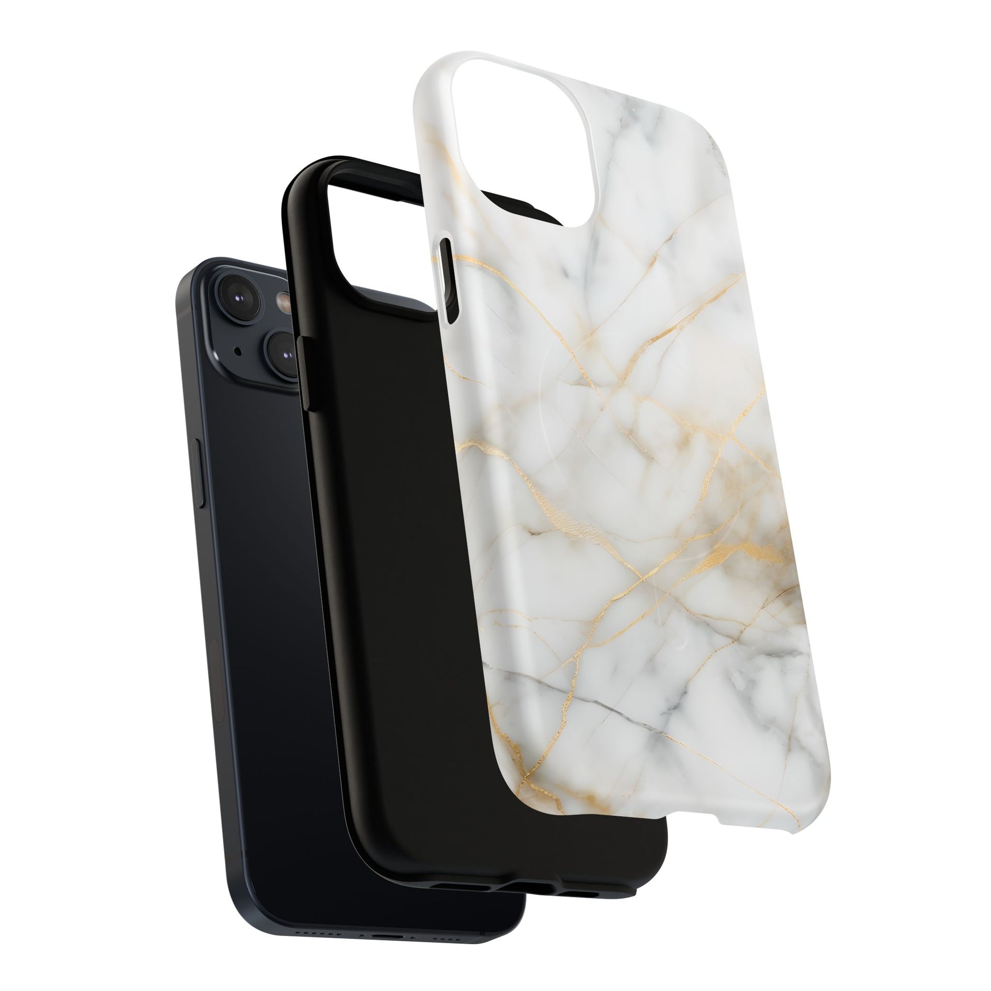 Golden Vein iPhone 14 Plus MagSafe Phone Case -White Neutral Marble Design