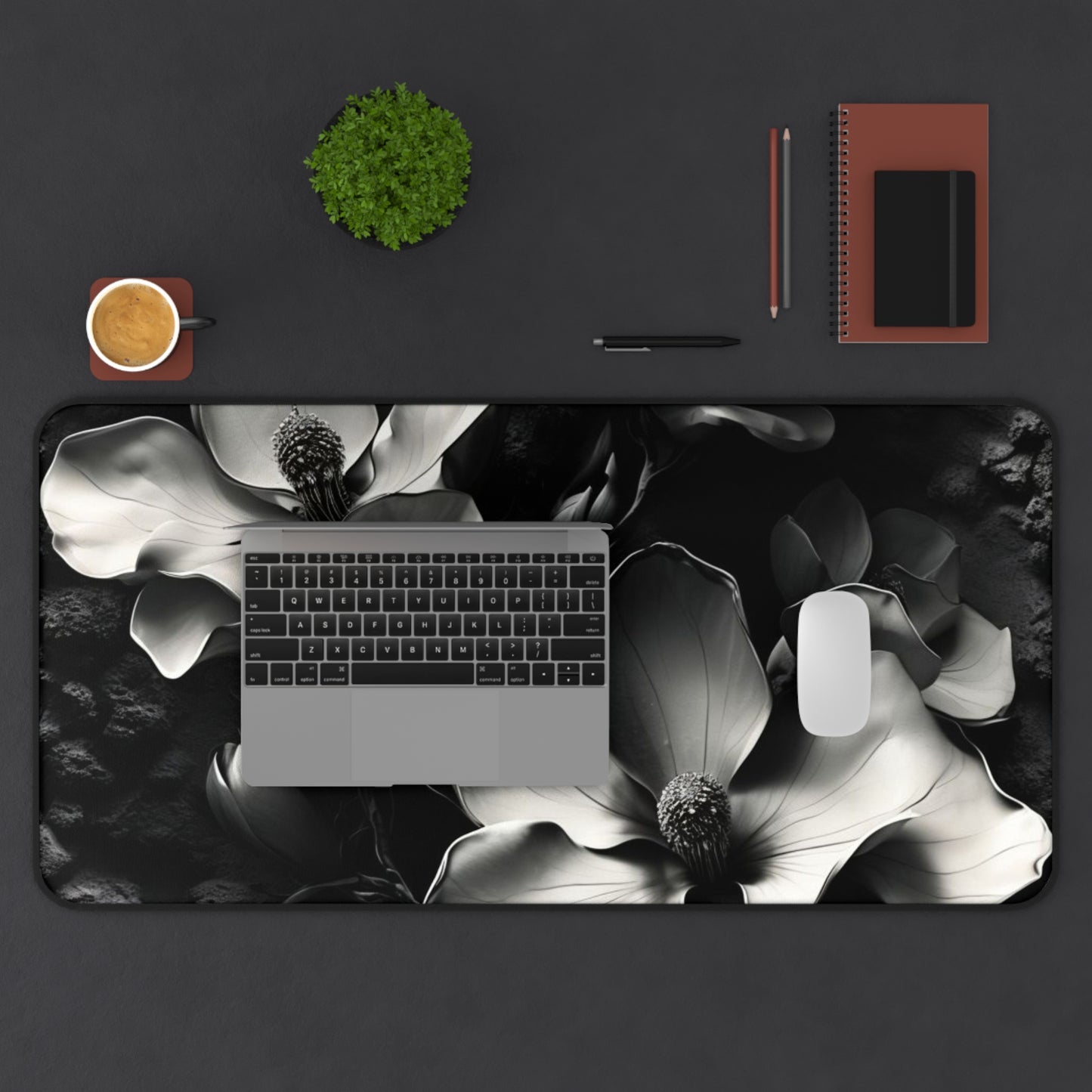 Monochrome Magnolia Desk Mat - Premium Office Desk Pad, 3 Sizes Available, Artistic Workspace Protection