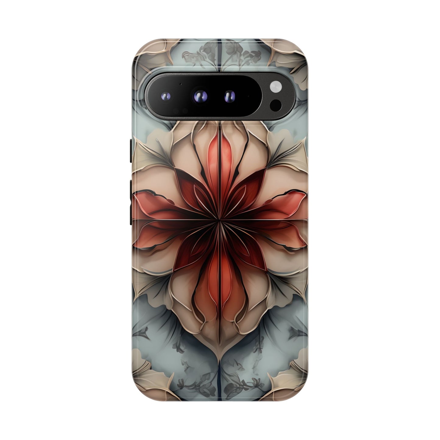Ember Bloom - Kaleidoscope Collection Artistic Floral - Google Pixel Tough Phone Case - Fiery Symmetrical Design