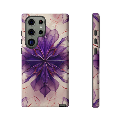 Violet Reverie floral Samsung Galaxy phone case with abstract purple flower on soft beige background, back and side view