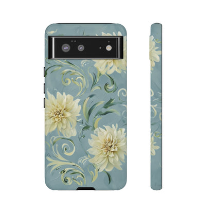 Golden Dahlia Trio - Elegant Floral Google Pixel Tough Phone Case - Artistic White & Blue Dahlia Design