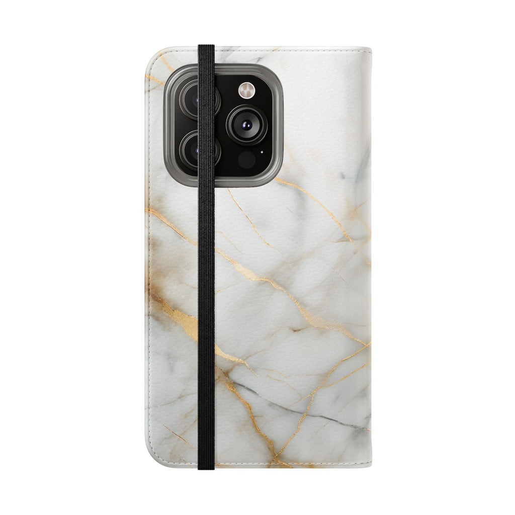 Golden Vein Wallet Phone Case - Gold & White Marble Design - Flip Cover for iPhone 14 Pro