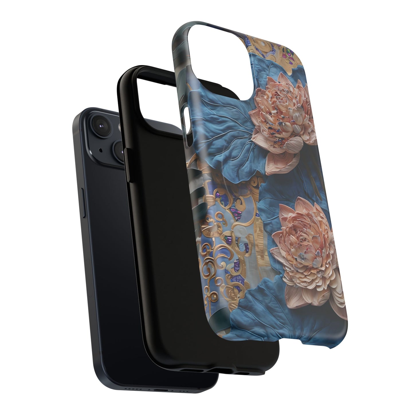 Peony Midnight Tapestry - iPhone Case- MagSafe Compatible - Elegant Blue & Blush Artful Phone Cover