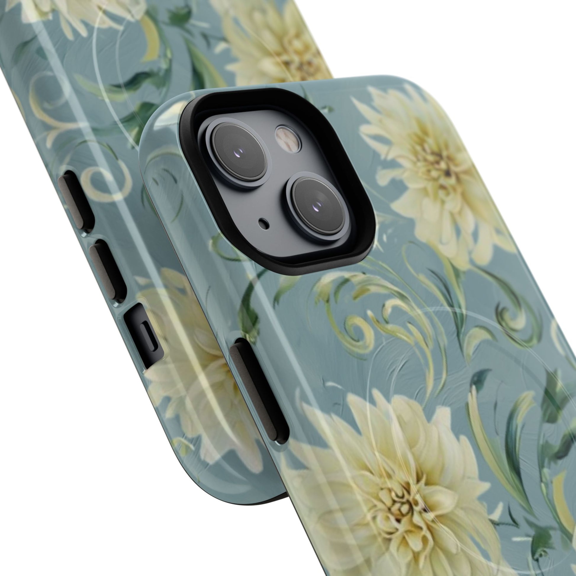 Golden Dahlia Trio - Elegant Floral iPhone 14 MagSafe Phone Case - Artistic White & Blue Dahlia Design