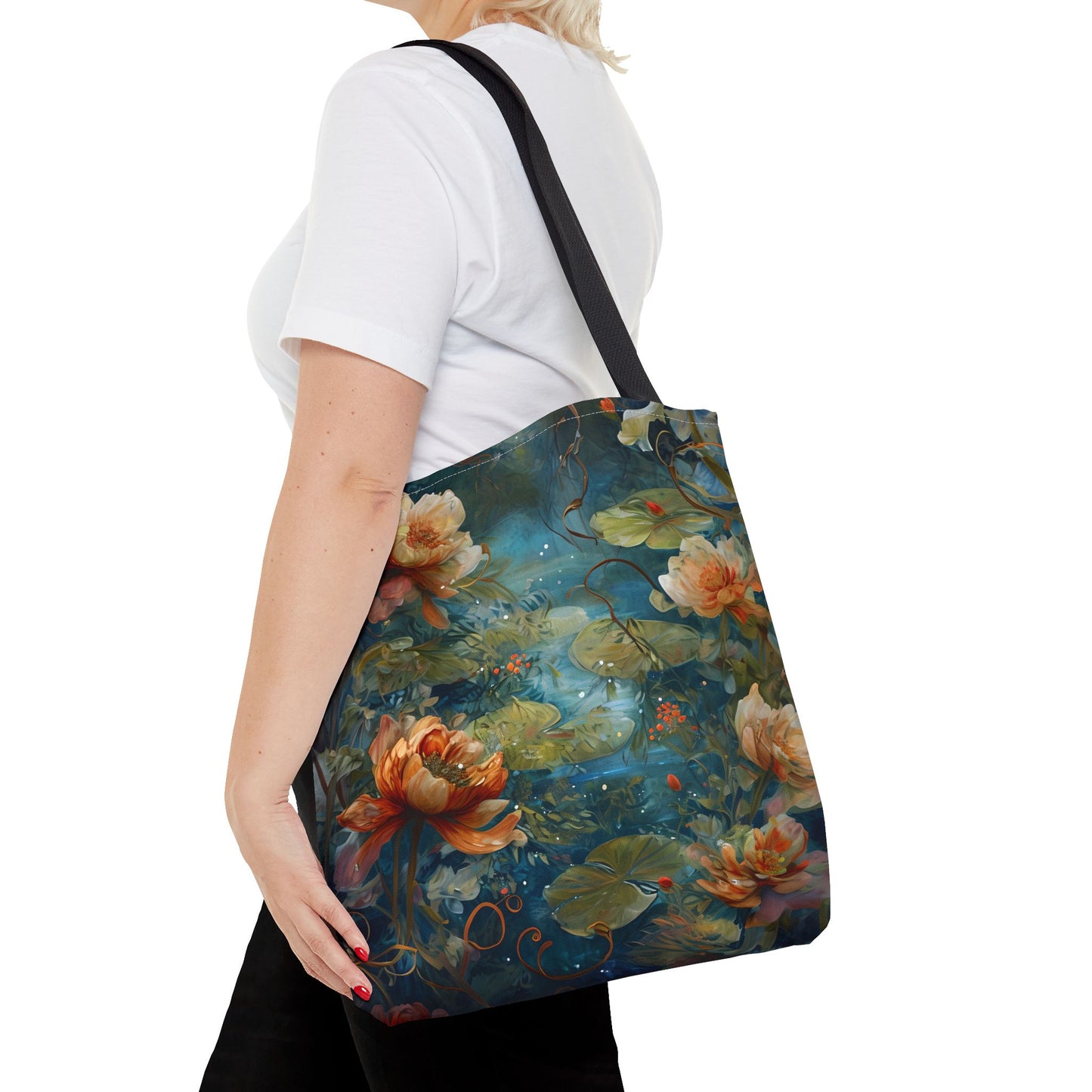 Waterlily Nocturne Canvas Tote Bag (16x16 & 18x18)- Premium Navy Handle Designer Tote, Artistic Eco-Friendly Shopping Bag