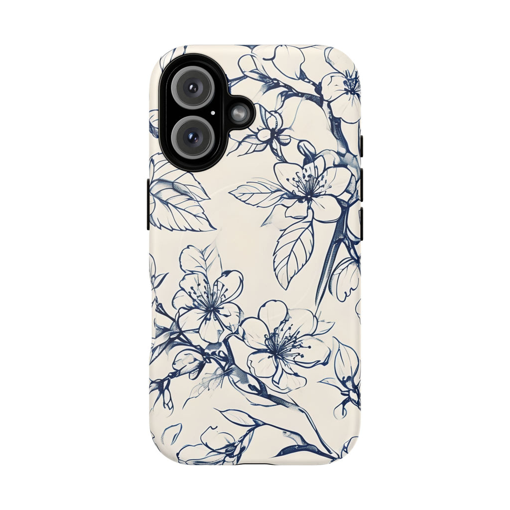 Blossom Sketch - Artistic Blue Floral - iPhone 16 MagSafe Phone Case - Hand-Drawn Botanical Design