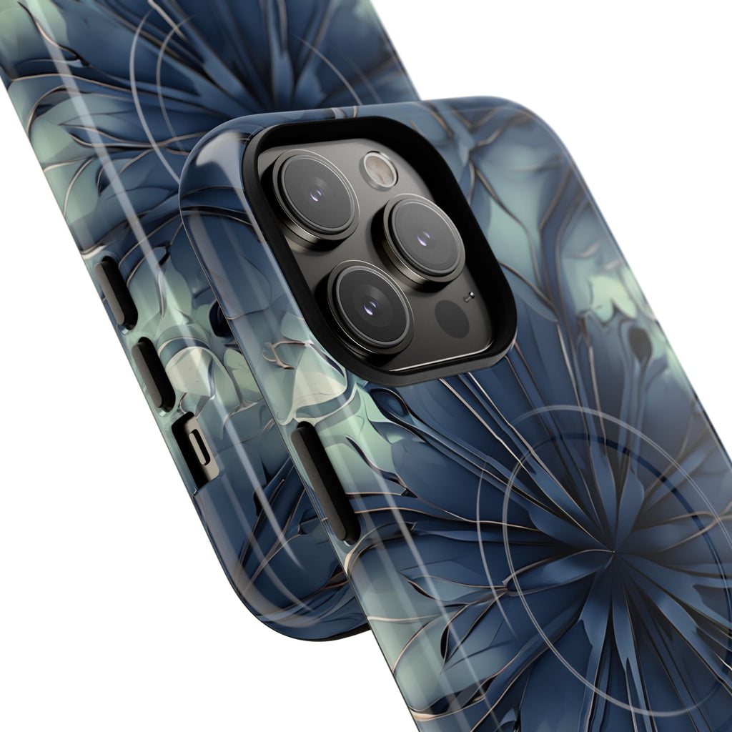 Indigo Mosaic - Artistic Kaleidoscope Collection Artistic Floral - iPhone 14 Pro Max MagSafe Phone Case -Bold Blue Symmetrical Design