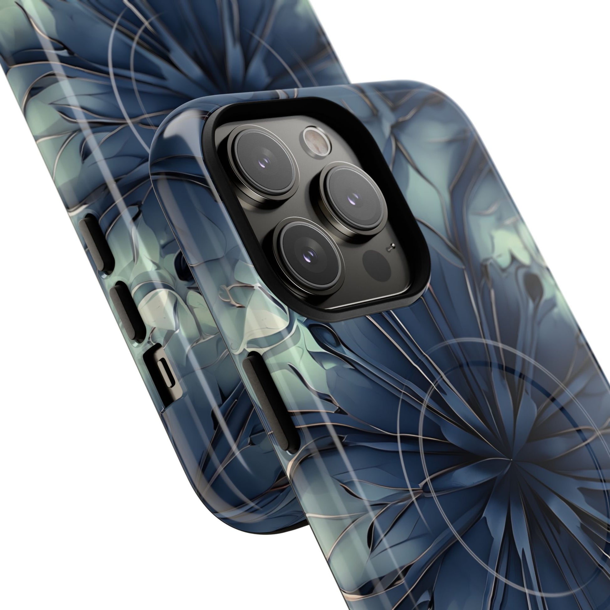 Indigo Mosaic - Artistic Kaleidoscope Collection Artistic Floral - iPhone 14 Pro Max MagSafe Phone Case -Bold Blue Symmetrical Design