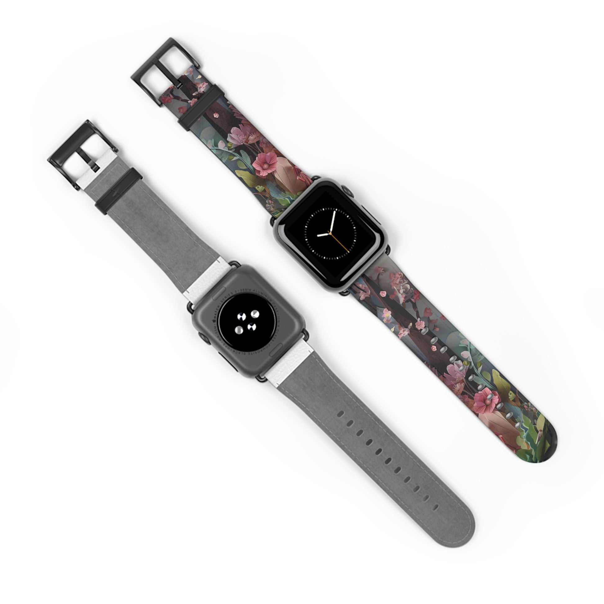 A Good Night’s Sleep Apple Watch bands shown on two watches front and back highlighting pink floral artwork