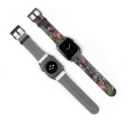 A Good Night’s Sleep Apple Watch bands shown on two watches front and back highlighting pink floral artwork