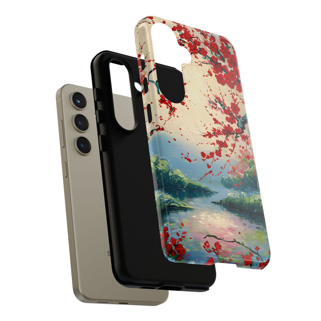Crimson Blossom Lake - Artistic Floral Landscape Samsung Galaxy S24 Tough Phone Case - Red Cherry Blossoms & Serene Lake Design