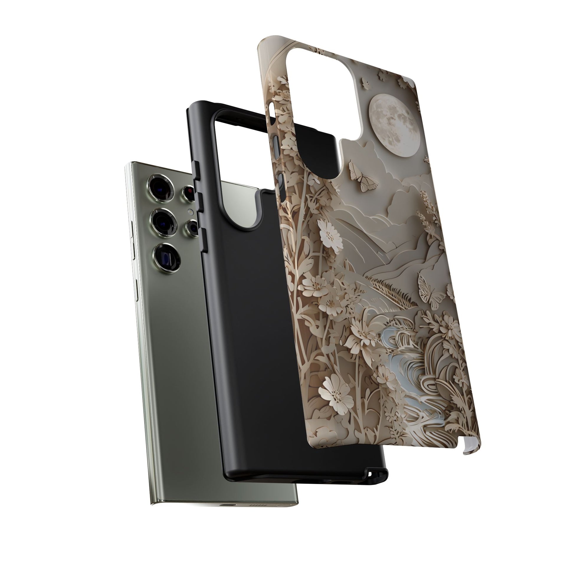 Moonlit Garden - Elegant Neutral Floral Samsung Galaxy S23 Ultra Tough Phone Case - Painterly Botanical & Moon Design