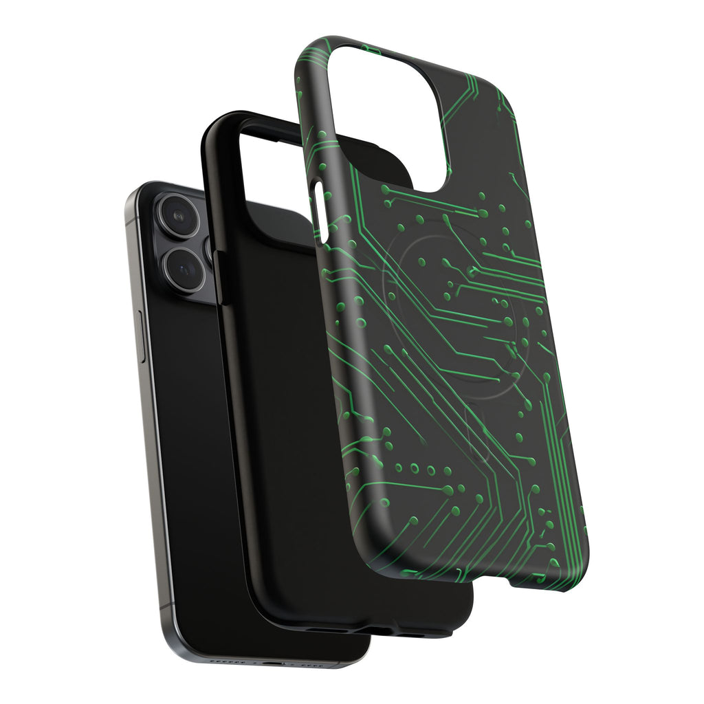 Green Circuit Grid iPhone 15 Pro Max MagSafe Compatible case- Tech-Inspired Shockproof Cover
