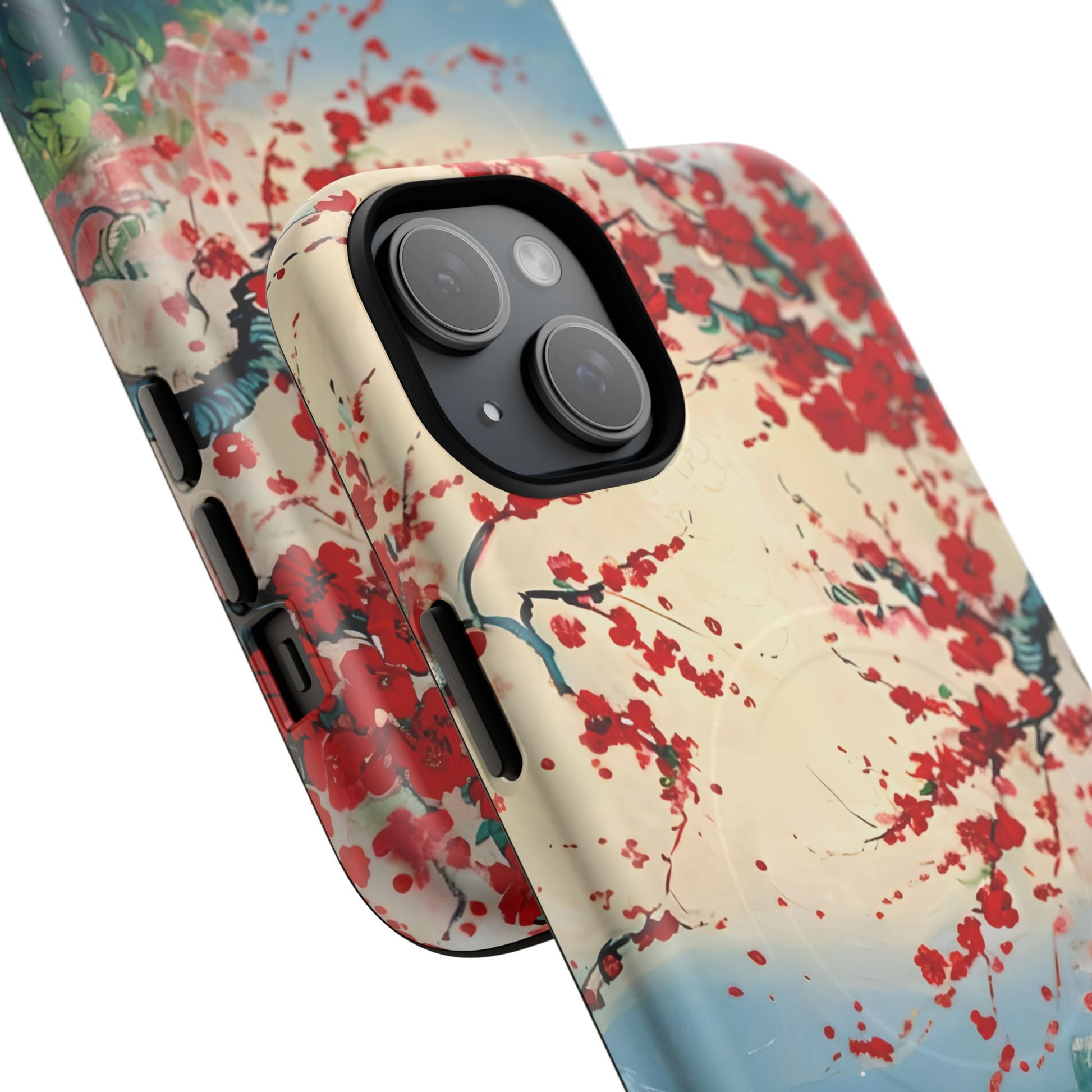 Crimson Blossom Lake - Artistic Floral Landscape iPhone 15 Plus MagSafe Phone Case - Red Cherry Blossoms & Serene Lake Design