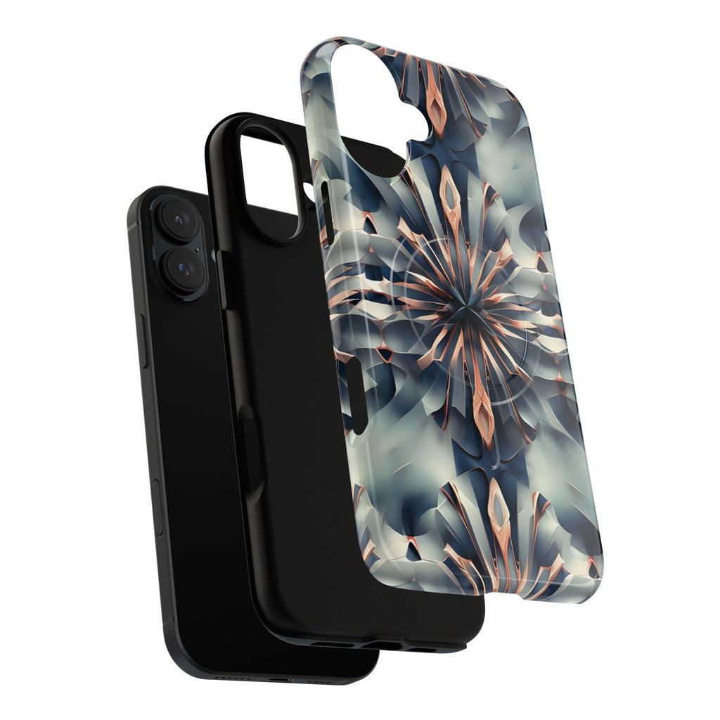 Obsidian Kaleidoscope Artistic Floral Burst - iPhone 16 Plus MagSafe Phone Case -Blue, Peach and Silver Symmetrical Design