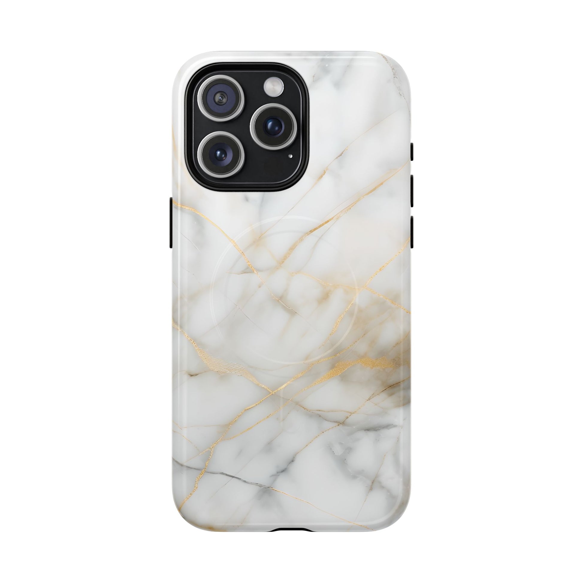 Golden Vein iPhone 15 Pro Max MagSafe Phone Case -White Neutral Marble Design
