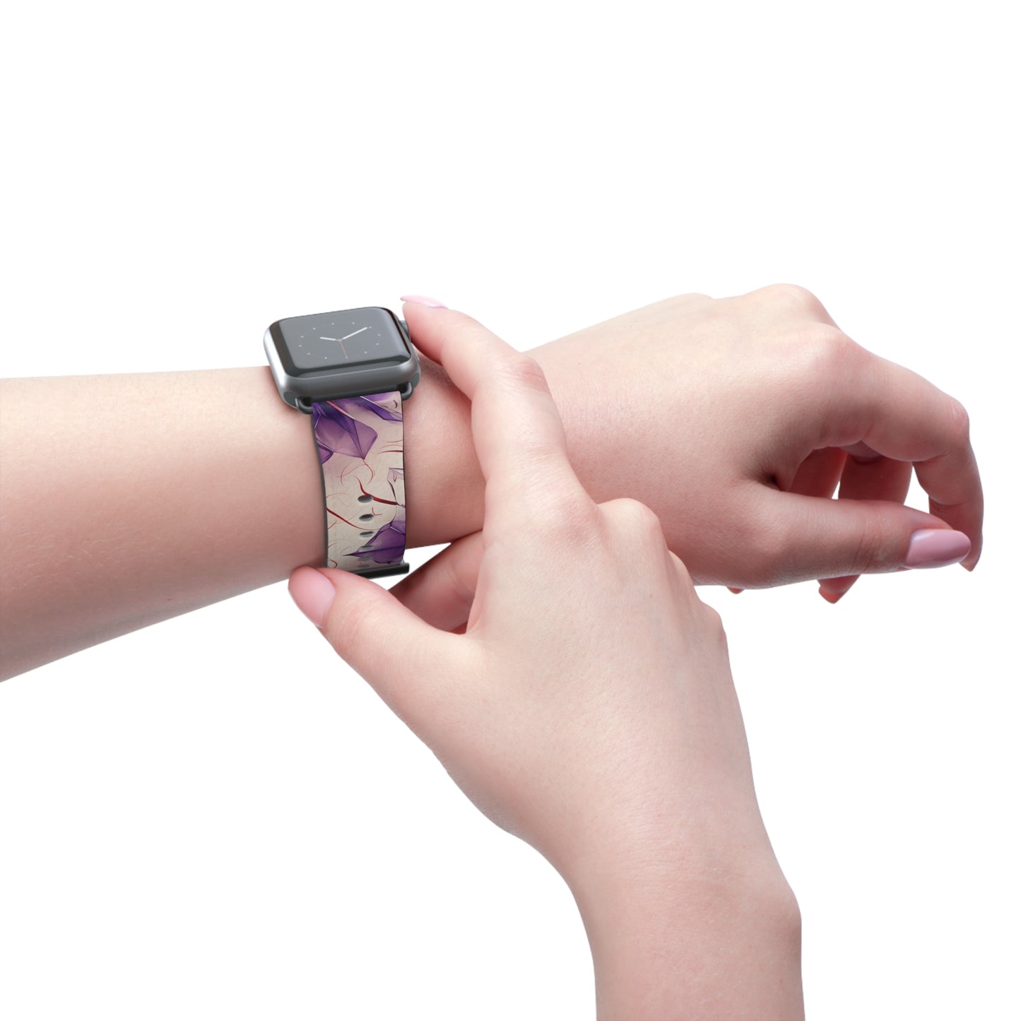 Violet Reverie Apple Watch band worn on wrist featuring soft violet and lavender floral botanical design