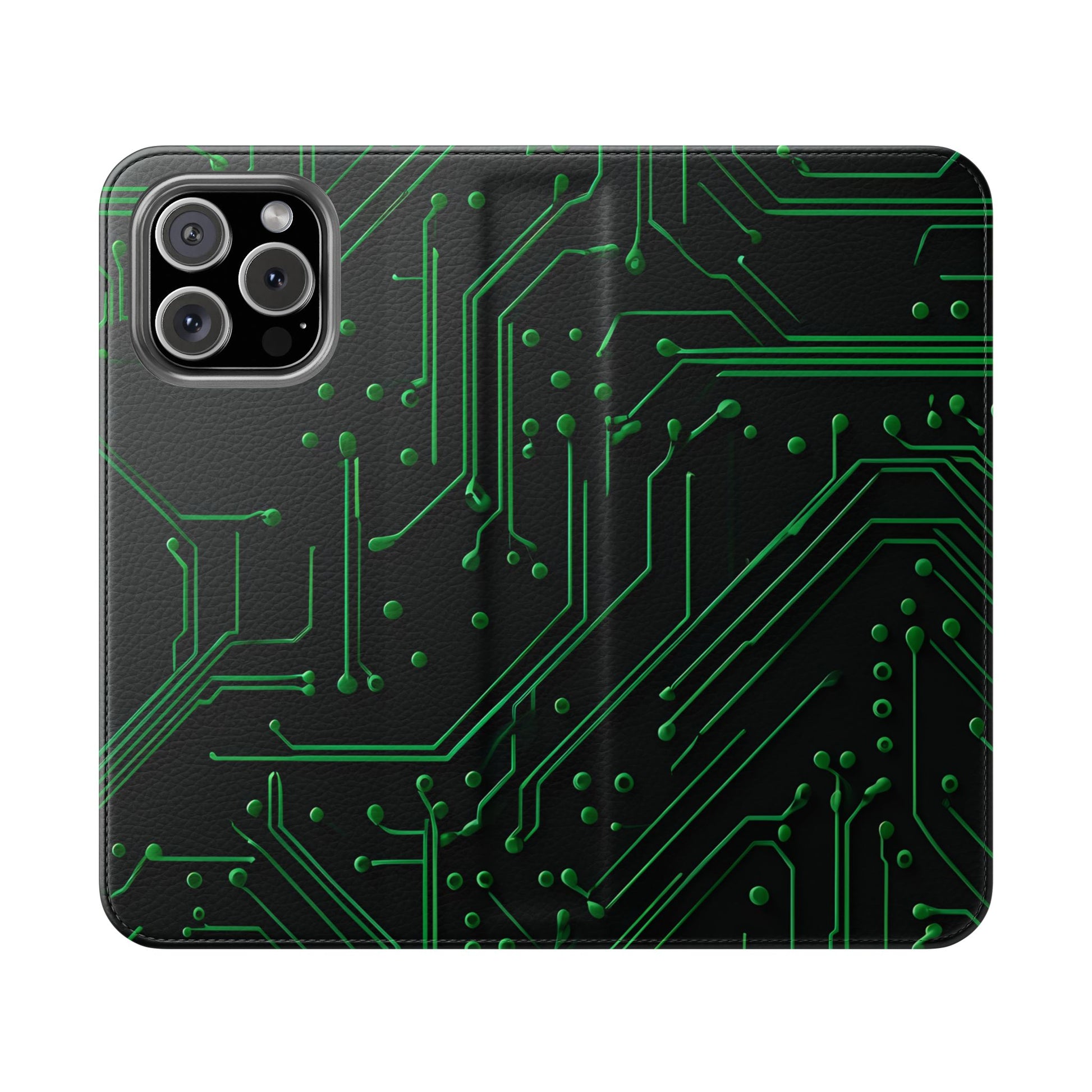 Green Circuit Grid Wallet Phone Case - Green & Black Computer Circuit Design - Flip Cover for iPhone 16 Pro Max