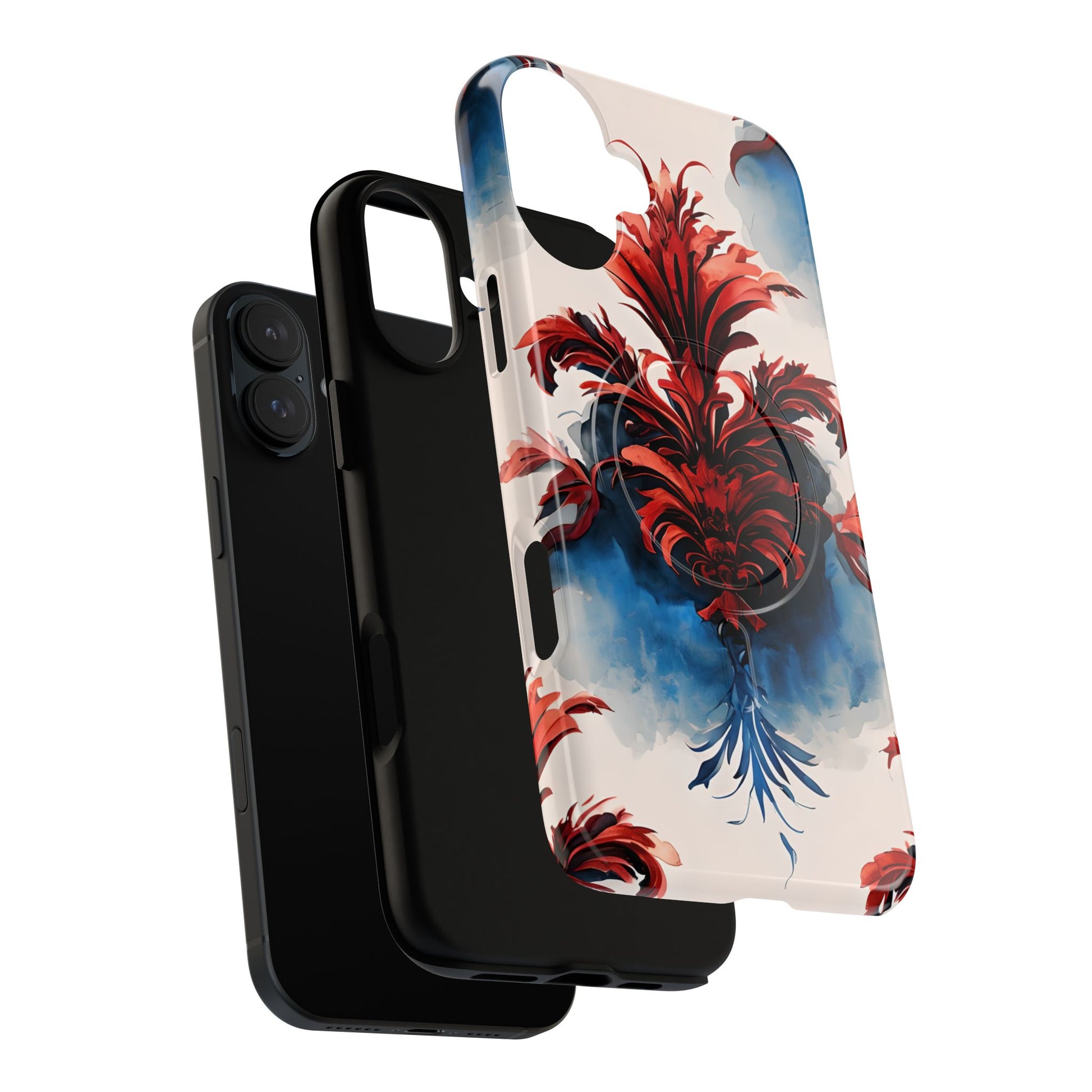 Crimson Plume - Bold Artistic Feather iPhone 16 Plus MagSafe Phone Case - Dramatic Red & Blue Design