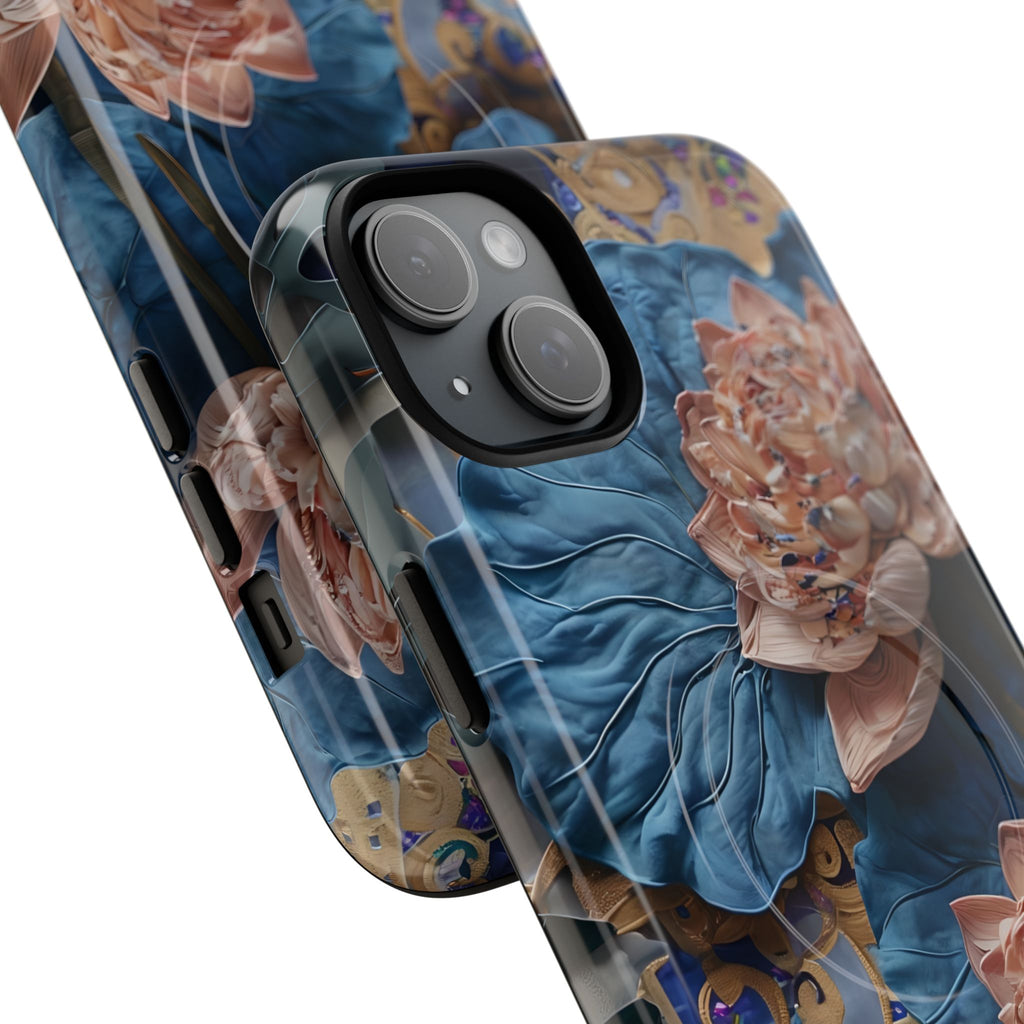Peony Midnight Tapestry - iPhone 15 Plus - MagSafe Compatible - Elegant Blue & Blush Artful Phone Cover