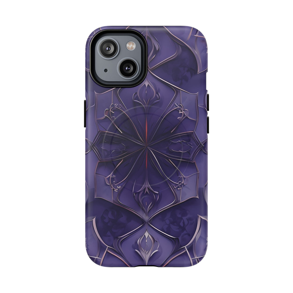 Violet Nebula - Kaleidoscope Collection Artistic Floral Burst - iPhone 14 MagSafe Phone Case -Bold Purple Symmetrical Design