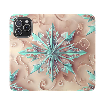 Frosted Petals iPhone Wallet Case - Soft Floral Kaleidoscope Design in Blush & Aqua