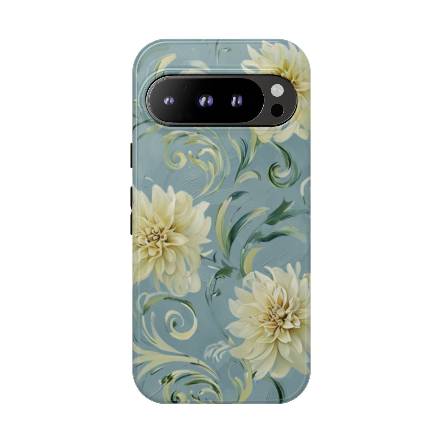 Golden Dahlia Trio - Elegant Floral Google Pixel Tough Phone Case - Artistic White & Blue Dahlia Design