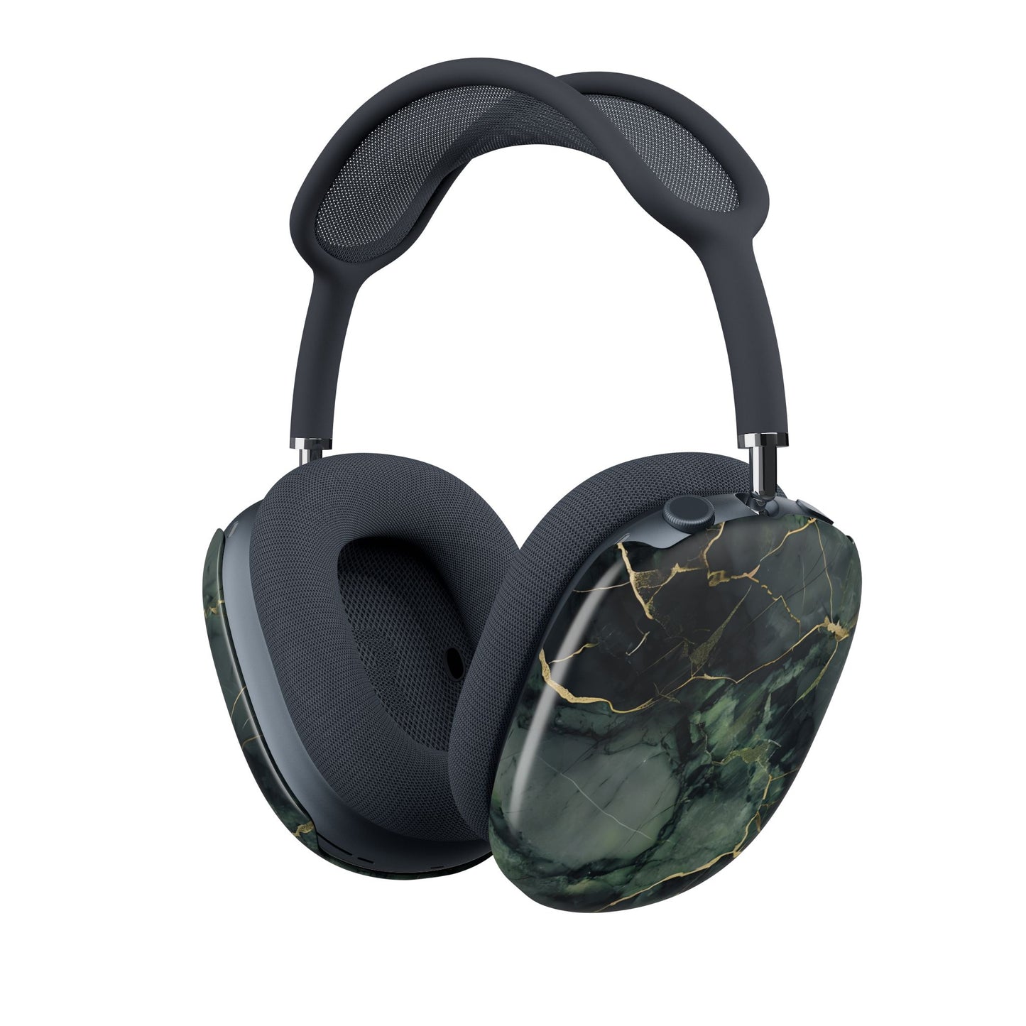 Verdant Vein AirPods Max cover with deep green marble texture and fine gold veining, angled view on Apple AirPods Max headphones