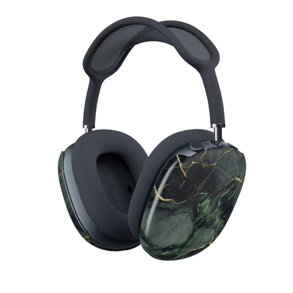 Verdant Vein AirPods Max cover with deep green marble texture and fine gold veining, angled view on Apple AirPods Max headphones