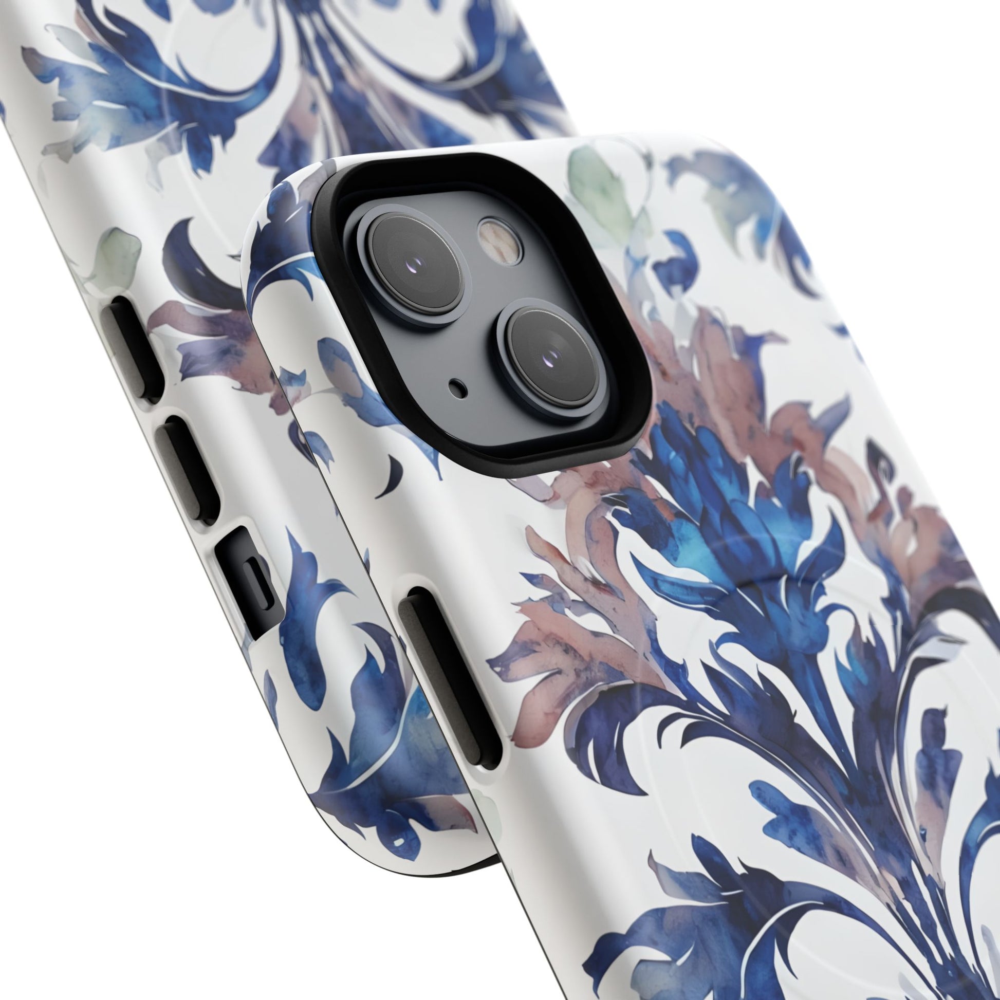 Delft Reverie - Elegant Blue & White iPhone 14 MagSafe Phone Case - Dutch Delftware-Inspired Floral Design