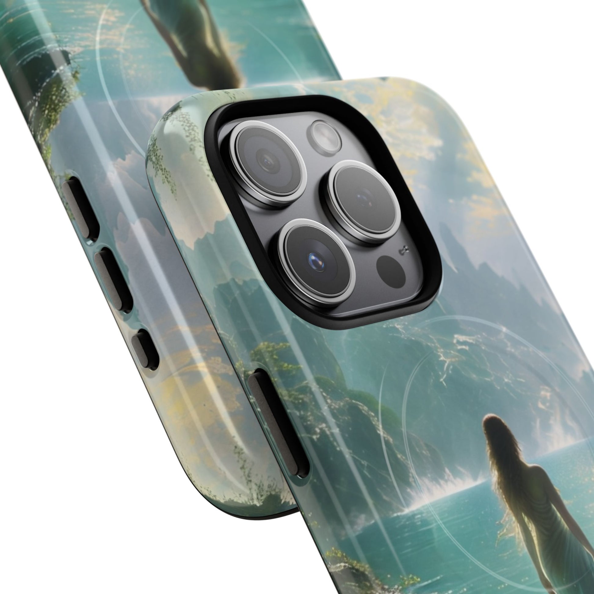Celestial Tides - Dreamscape Art iPhone 15 Pro MagSafe Phone Case -Ethereal Woman & Fantasy Landscape Design