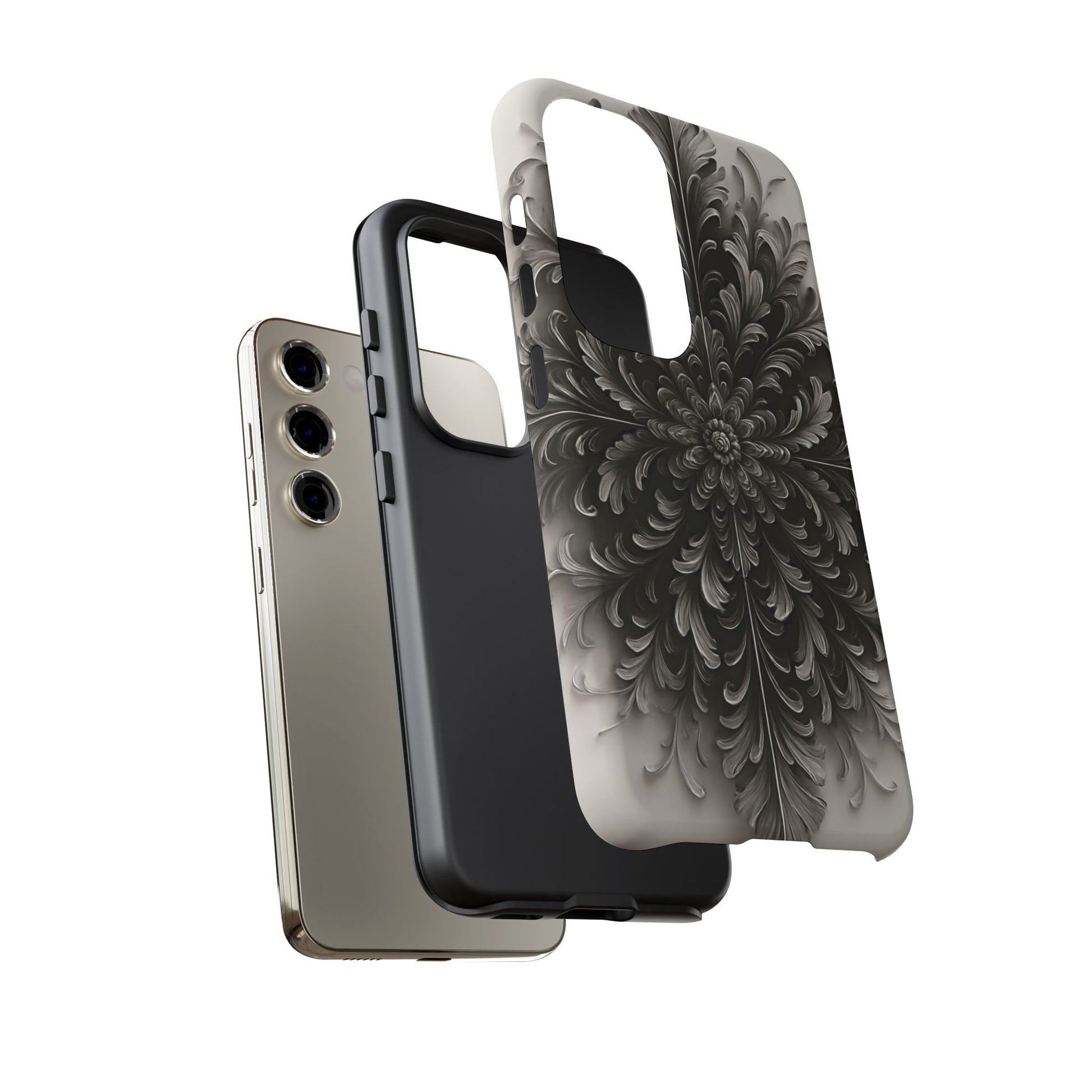 Obsidian Bloom - Elegant Black & White Samsung Galaxy S23 Tough Phone Case - Intricate Mandala Flower Design