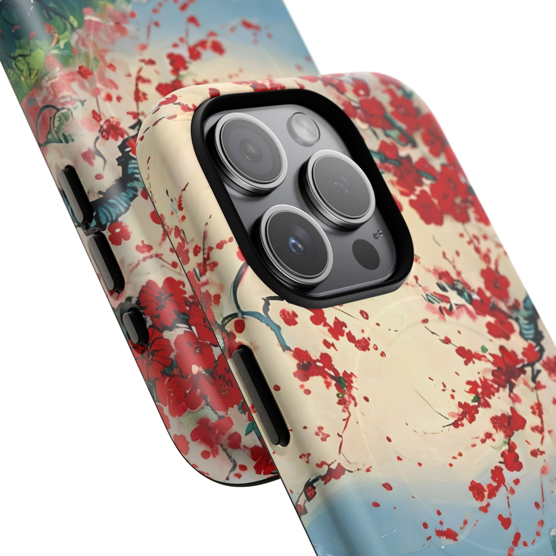 Crimson Blossom Lake - Artistic Floral Landscape iPhone 15 Pro MagSafe Phone Case - Red Cherry Blossoms & Serene Lake Design